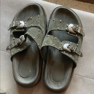 ZARA Studded Buckle Sandals in suede Olive Green